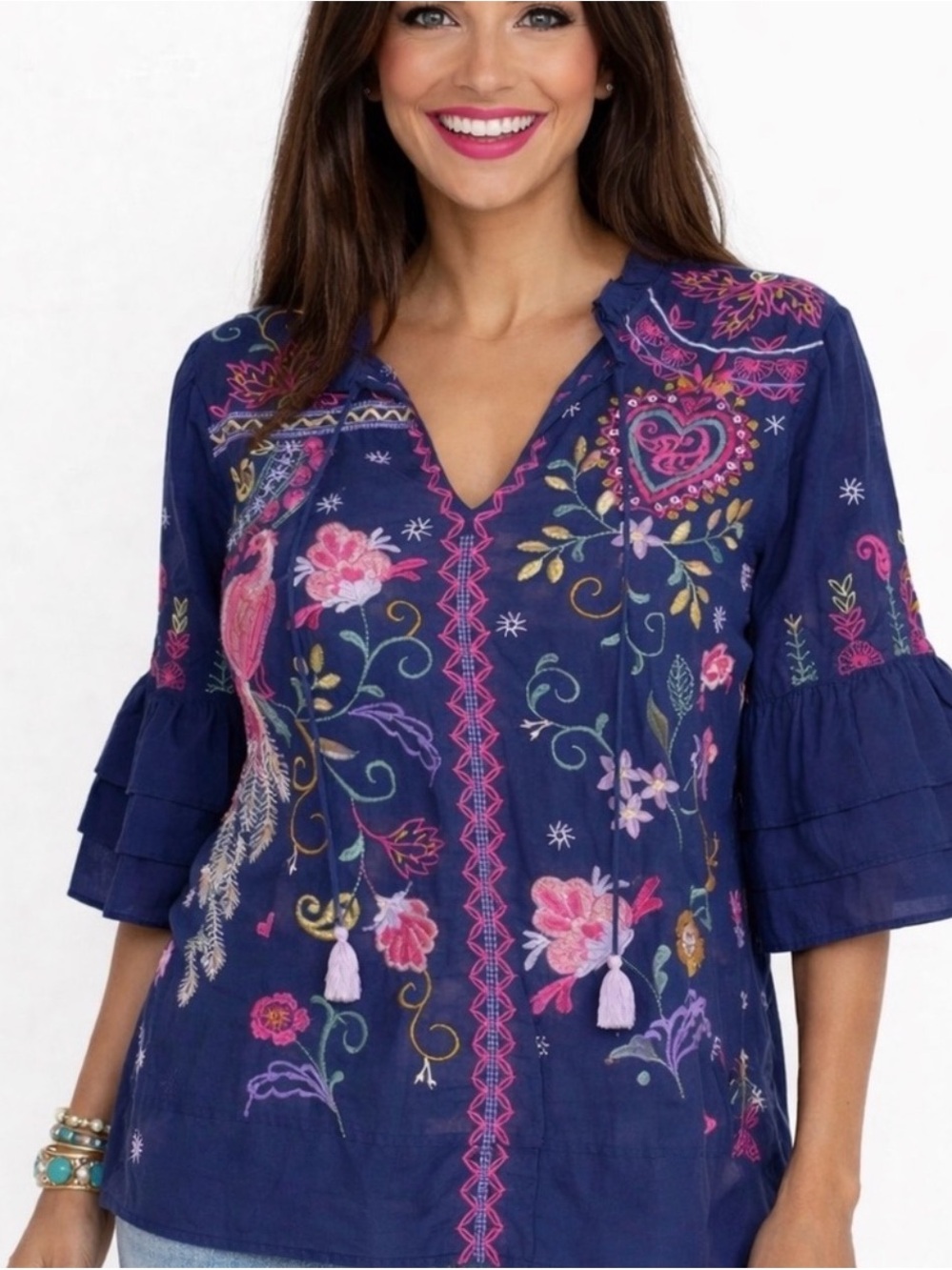Johnny Was Ashlee Navy Embroidered Floral Lightweight Cotton Peasant Blouse